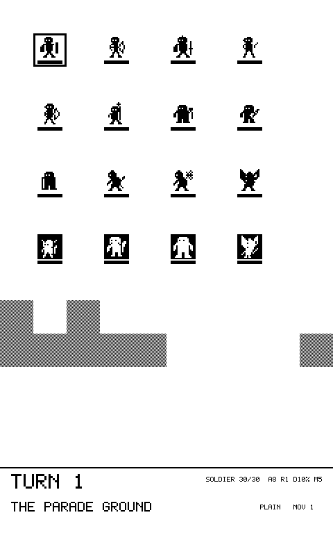A test map showing sixteen unit sprites lined up in rows on their plates: humans, elves, dwarves, drakes, and the inverted monster roster.