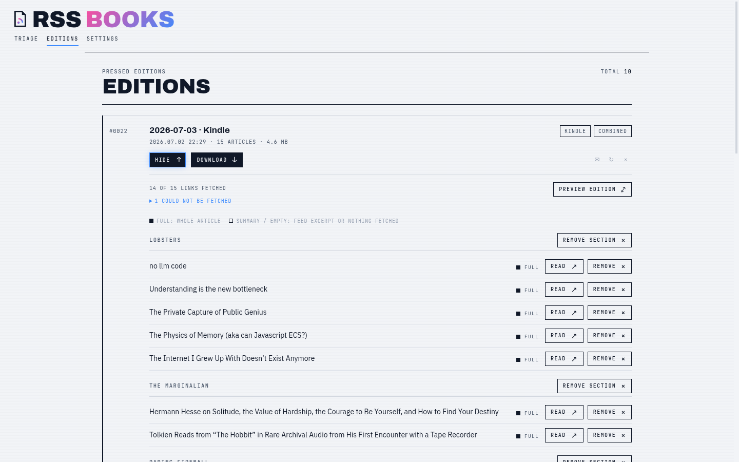 The edition review panel reporting 14 of 15 links fetched and flagging the one that could not be fetched, with a full-text indicator and a remove button beside every article.