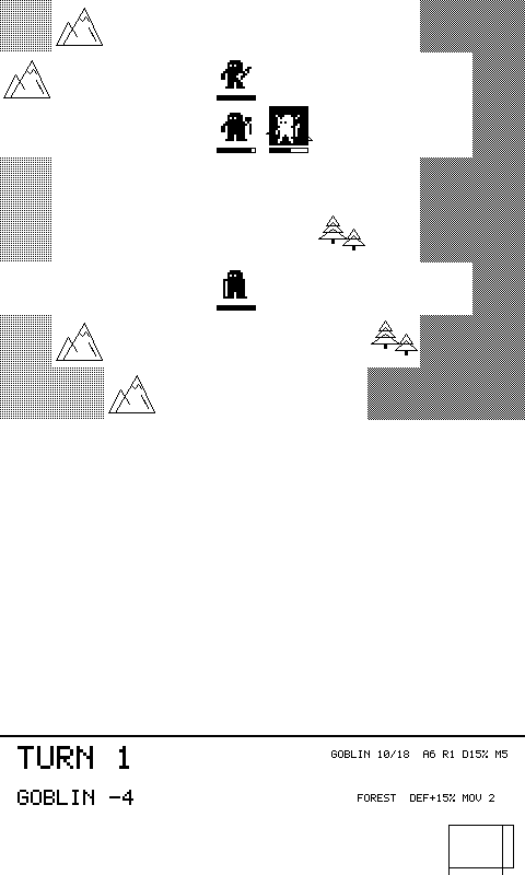 Enemy phase on the Gates map: an inverted goblin sprite striking the dwarf line, floating damage text reading GOBLIN -4, HP bars shortened under several units.