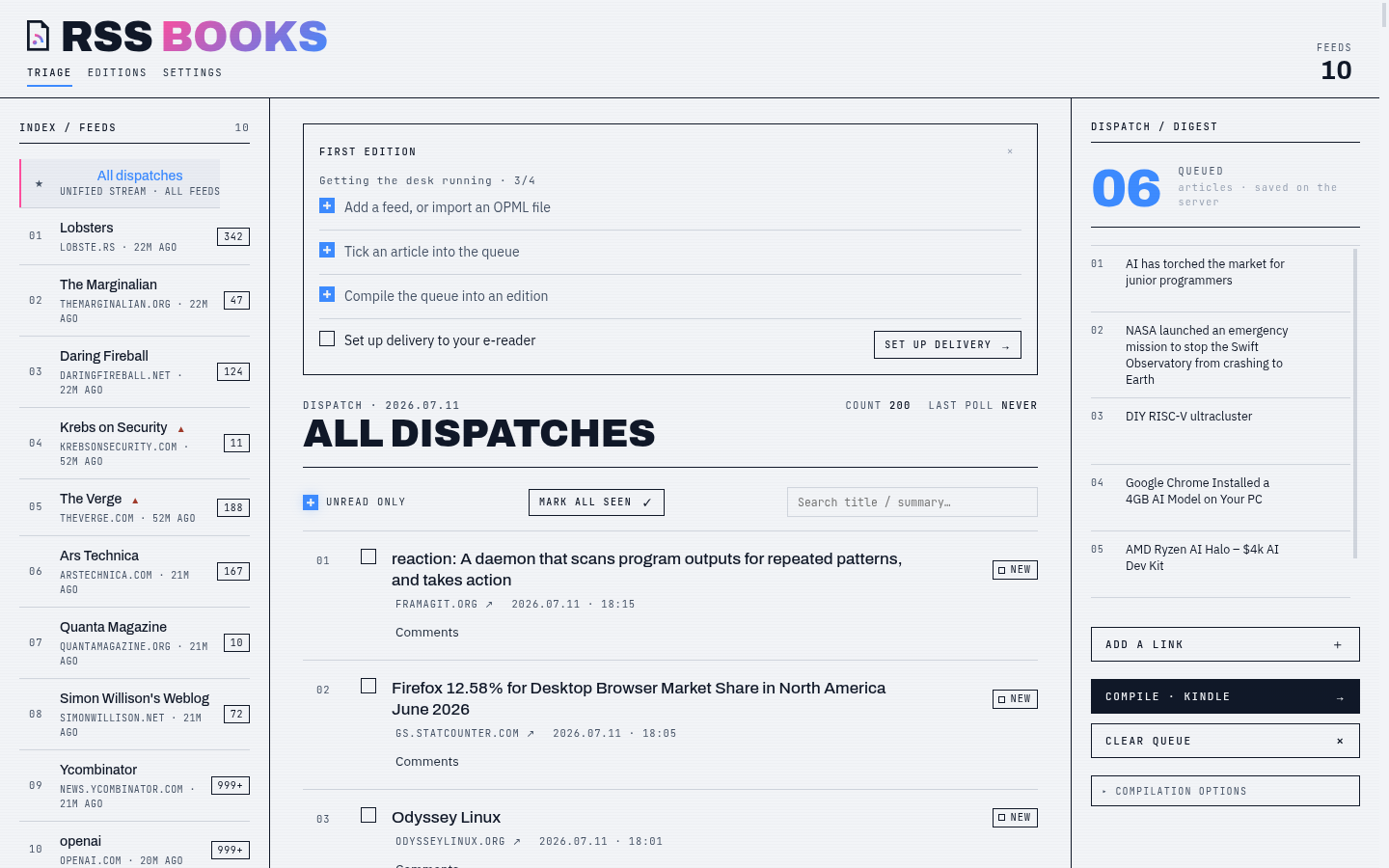 The RSS Books triage desk: feeds on the left, articles in the middle, the edition queue on the right