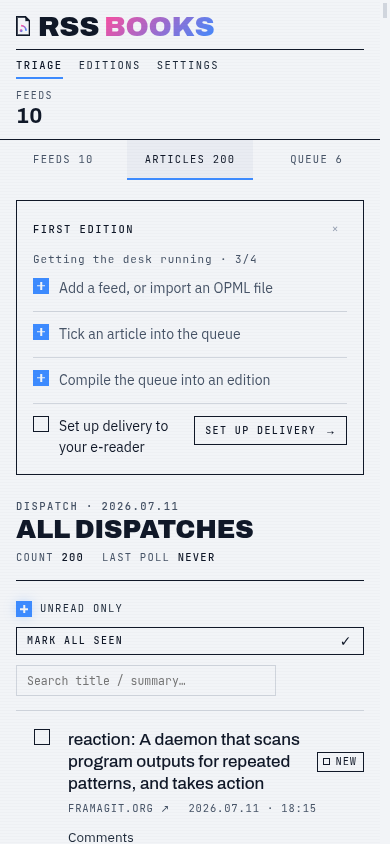 The triage desk on a phone: tabs for feeds, articles, and queue collapse the desk into a single column for one-handed triage.