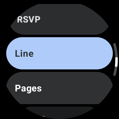 Watch settings screen with reading-mode chips: RSVP, Line, Paged, and Scroll arranged on the round face.