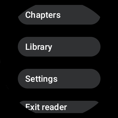 Swipe-down menu on the round watch face with entries for Chapters, Library, Settings, and Exit.