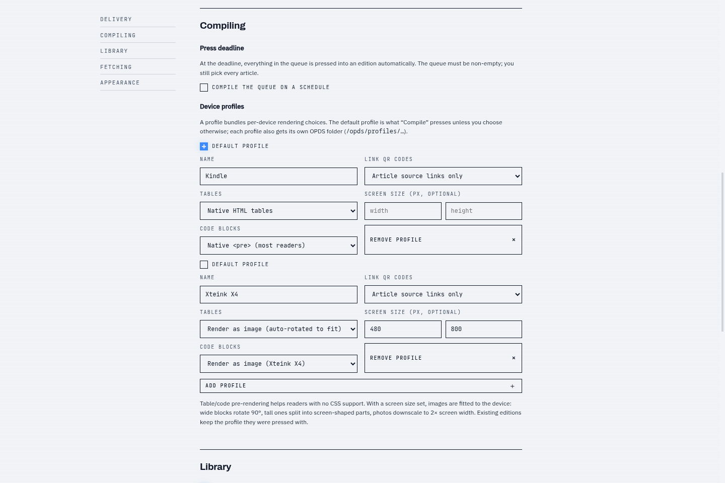 The device-profiles settings form with two profiles side by side: a Kindle profile using native HTML tables, and a 480 by 800 Xteink X4 profile with tables and code blocks rendered as auto-rotated images.