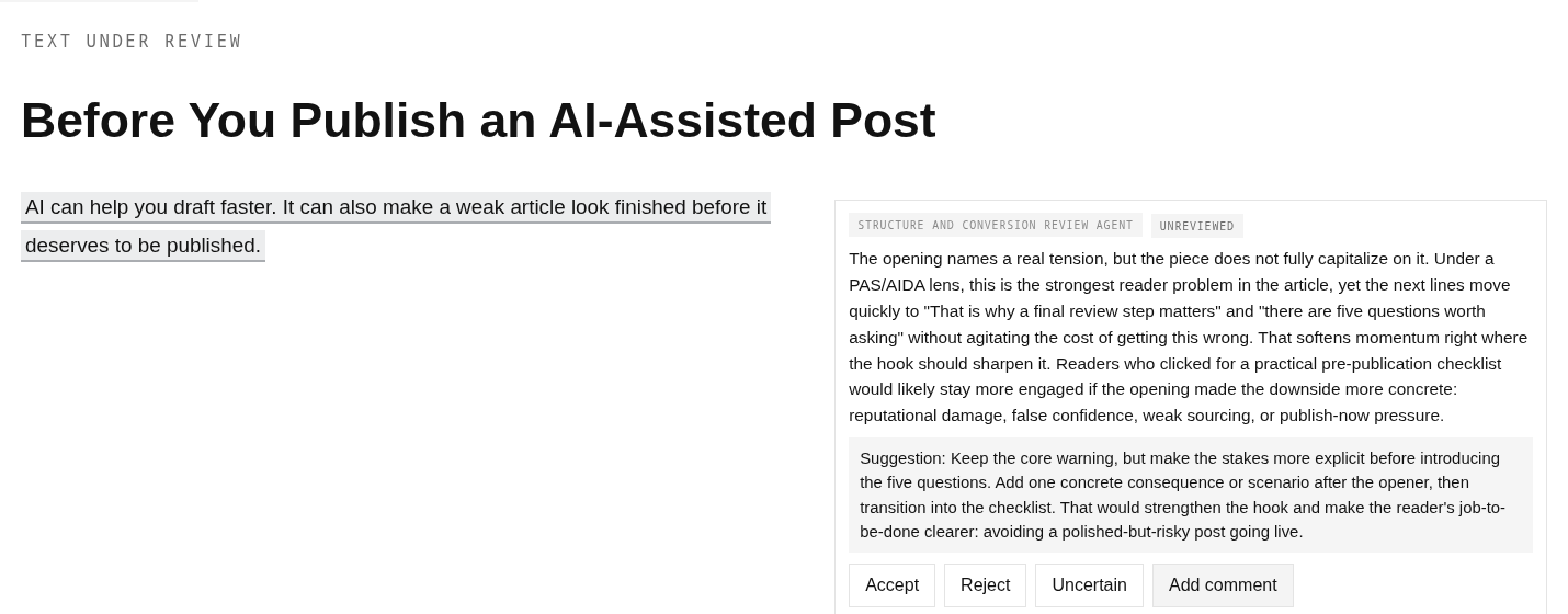 The review workbench: agent findings on a draft, each one acceptable or rejectable