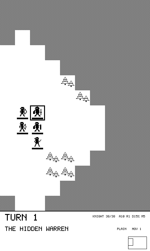 Monochrome tactics board with the squad in a small pocket of visible terrain, the rest of the map covered in dark dithered fog.