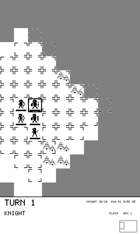 The same board with small corner brackets marking every tile the selected unit can reach this turn.